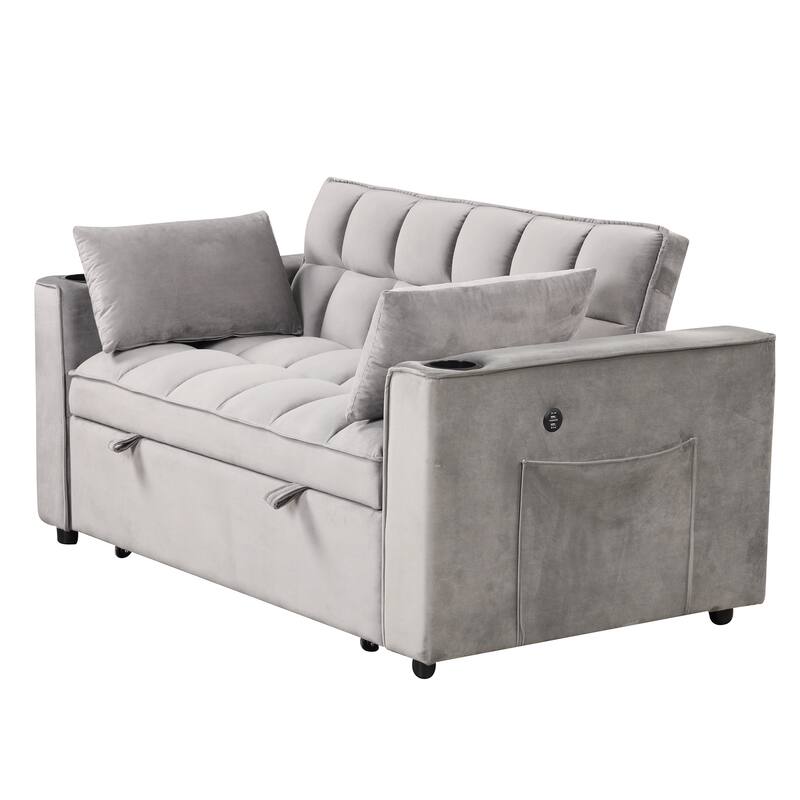 Loveseat Convertible Pull-out Sleeper Sofa Bed Adjustable Backrest Tufted Couch Futon Sofa w2 Pillows, USB Ports Pockets