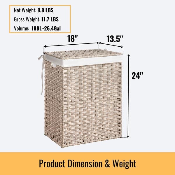 dimension image slide 1 of 4, Laundry Hamper with Lid Rattan Basket with Removable Bags and Wheels