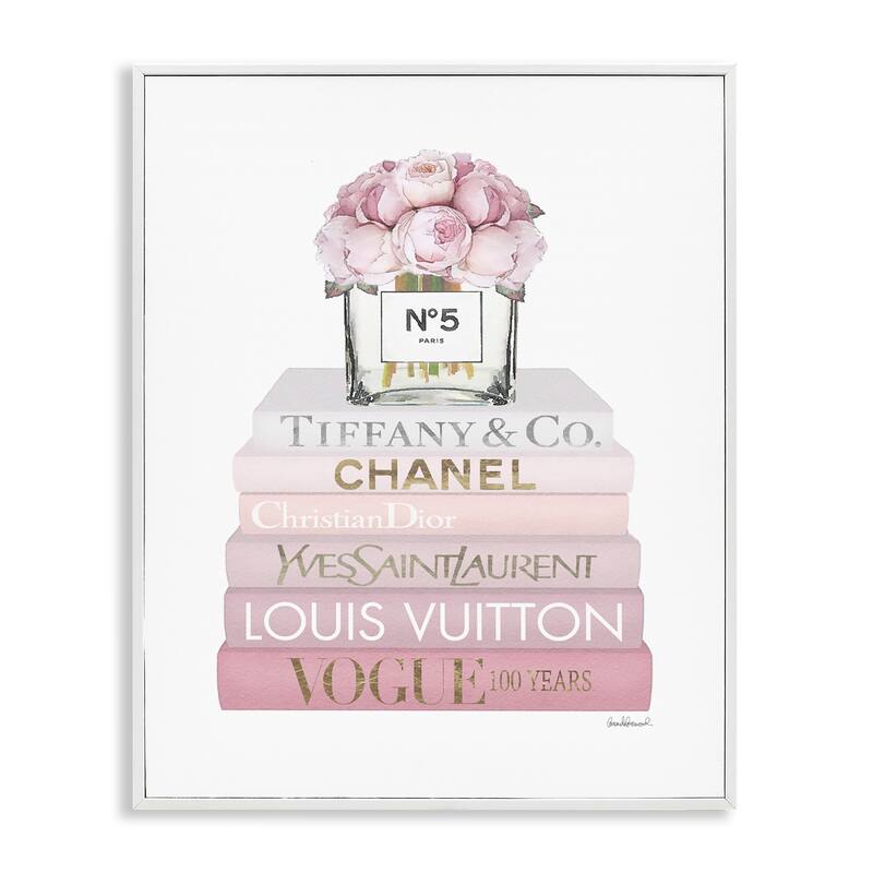 Stupell Pink Rose Bouquet Fashion Style Bookstack Framed Wall Art - 16 x 20 - White