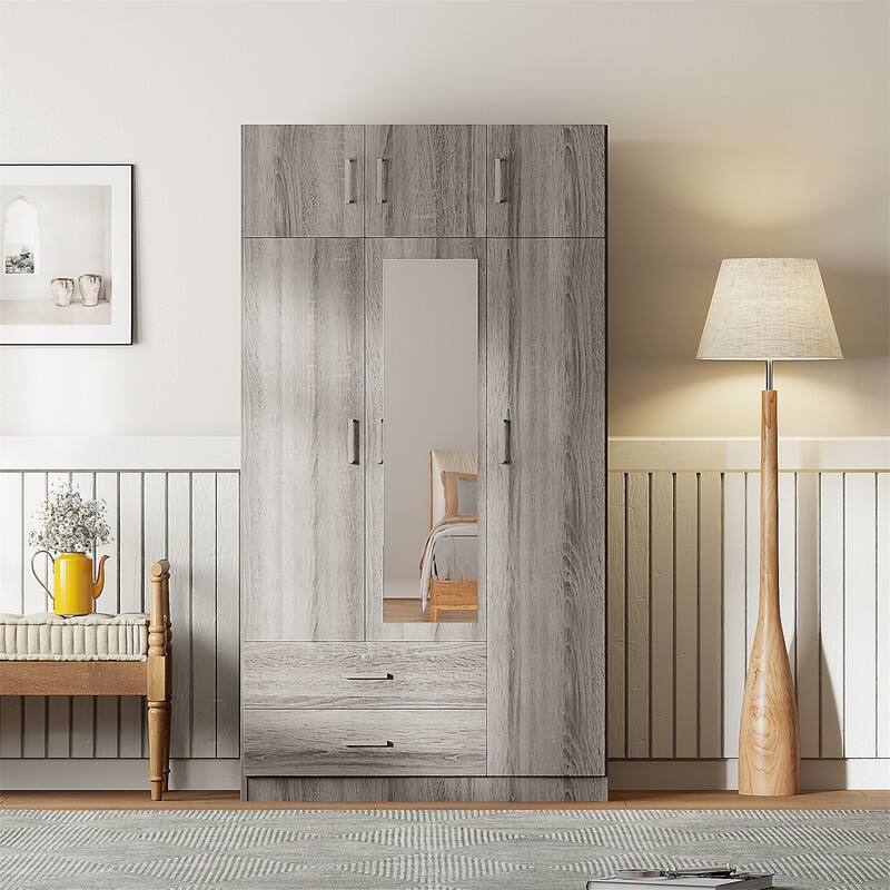 3 Door Wardrobe Closet with Mirror & Top Cabinet, Bedroom Armoire w/ 2 Drawers & Shelves, Modern Storage Cabinet w/ Hanging Rod