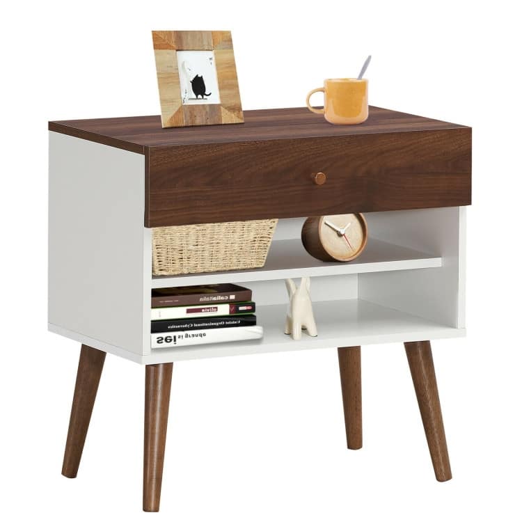 Nightstand End Side Table Drawer Storage Shelf Mid-Century Rubber Wood Leg