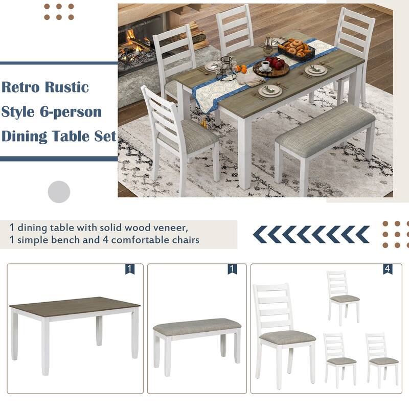 Rustic 6-Piece Wooden Dining Table Set with Rectangular Table & 4 Chairs