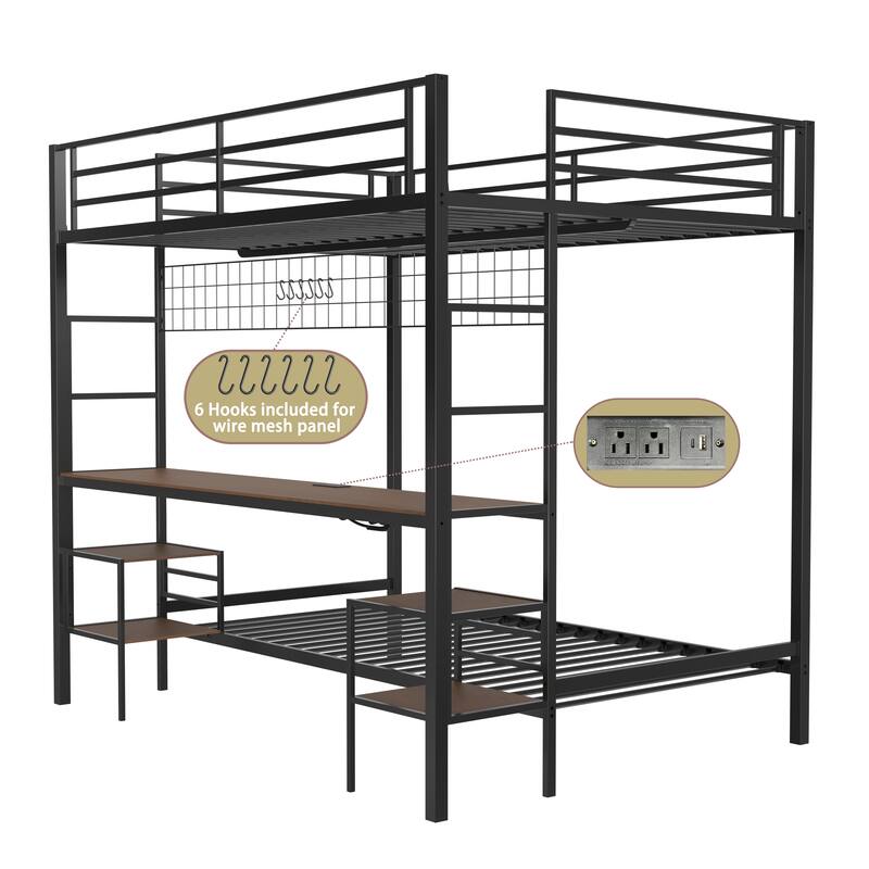 Full Over Twin Bunk Bed with Desk and Charging Station and Shelves and Metal Wire Mesh Panel with Hooks,Safety Guard & Stairs