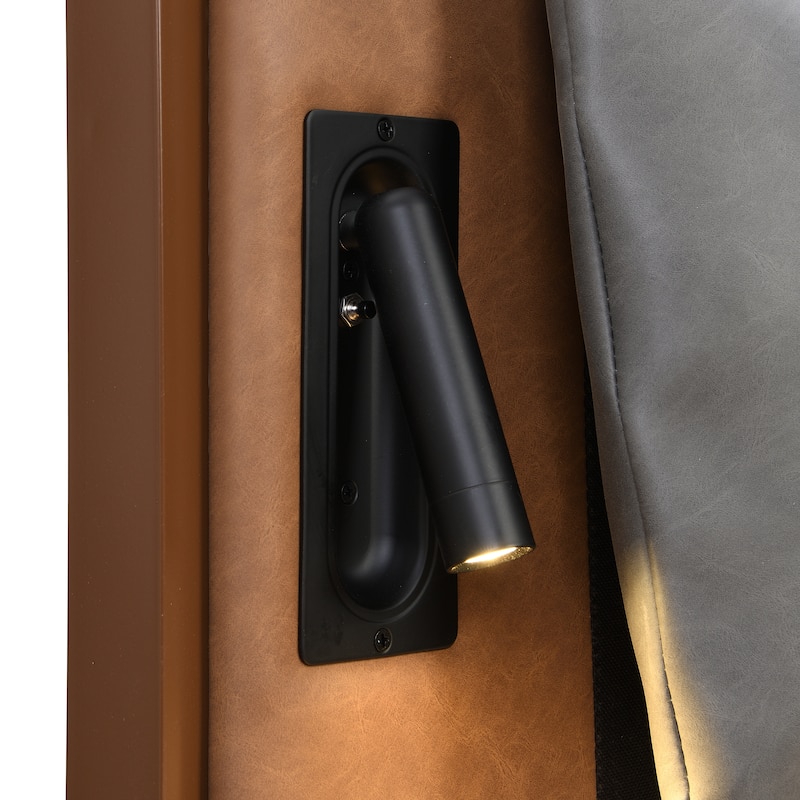 Brown&Gray Leather King Bed with 2pcs Night Lights