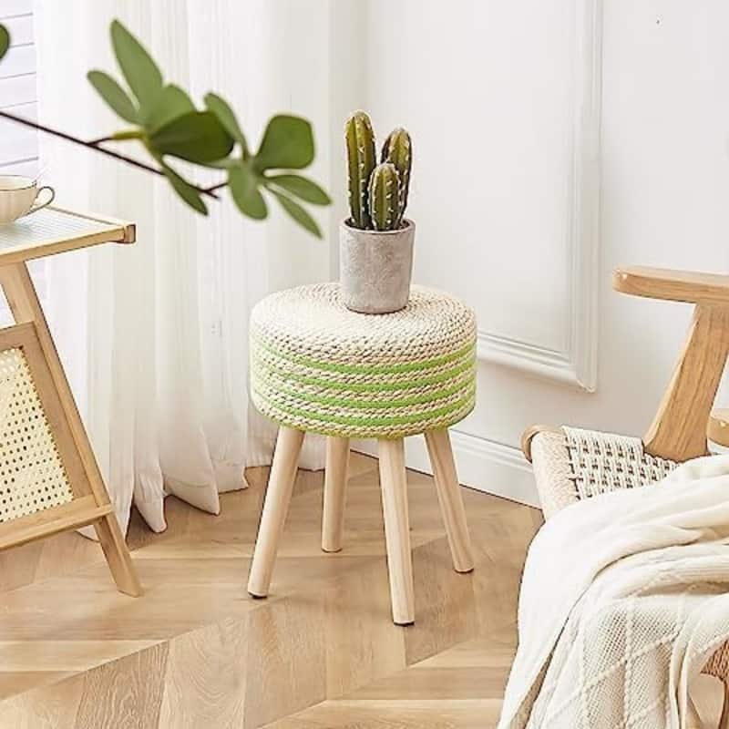 Footstool Ottoman Round with Solid Wood Legs