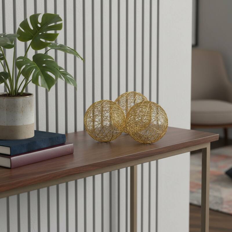 HomeRoots Set of Three Gold Wire 3" Decorative Orbs - 3' X '3' X '3