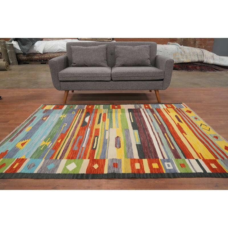 Hand Woven Oriental 100% Wool Carpet Southwestern Tribal Multi-Colored Kilim Area Rug - 6' 6'' X 5' 0''