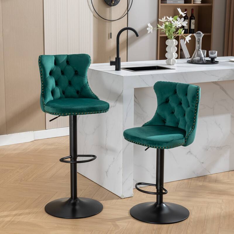 Roomfitters Swivel Velvet Bar Stools Set of 2, Adjustable Height Tufted Upholstered Counter Chairs with 17.7" Base and Backrest