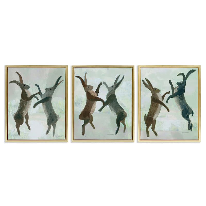 Stupell Battling Hares in Neutral Tones Framed Floater Canvas Wall Art Design By Kay Widdowson (Set of 3) - 25 x 31 - Gold