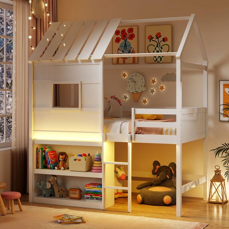 White Twin Size Loft Bed with LED Light House Design Bookshelf and Under Bed Play Space Pine Wood Frame for Kids