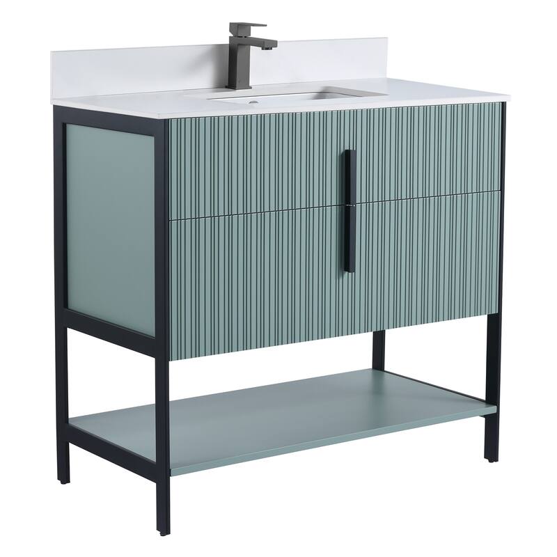 Fine Fixtures Serenity Modern Bathroom Vanity with White Stone Top - Mint Green - Black Hardware - 36 inch