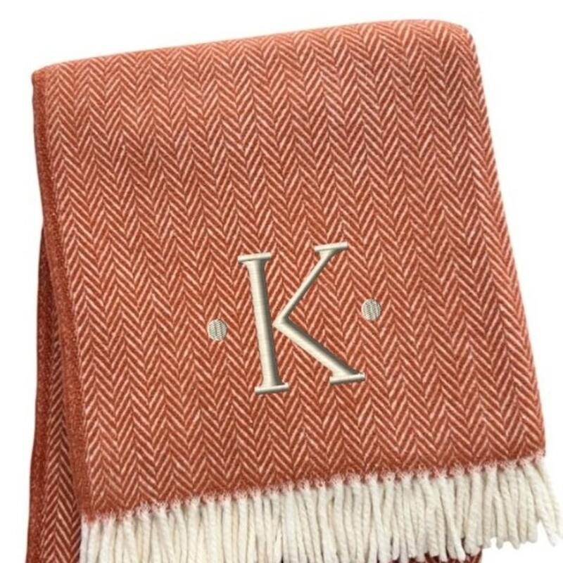HomeRoots 55" X 70" Terra Cotta And White Herringbone Cotton Blend K Initial Throw Blanket with Tassels And Embroidery