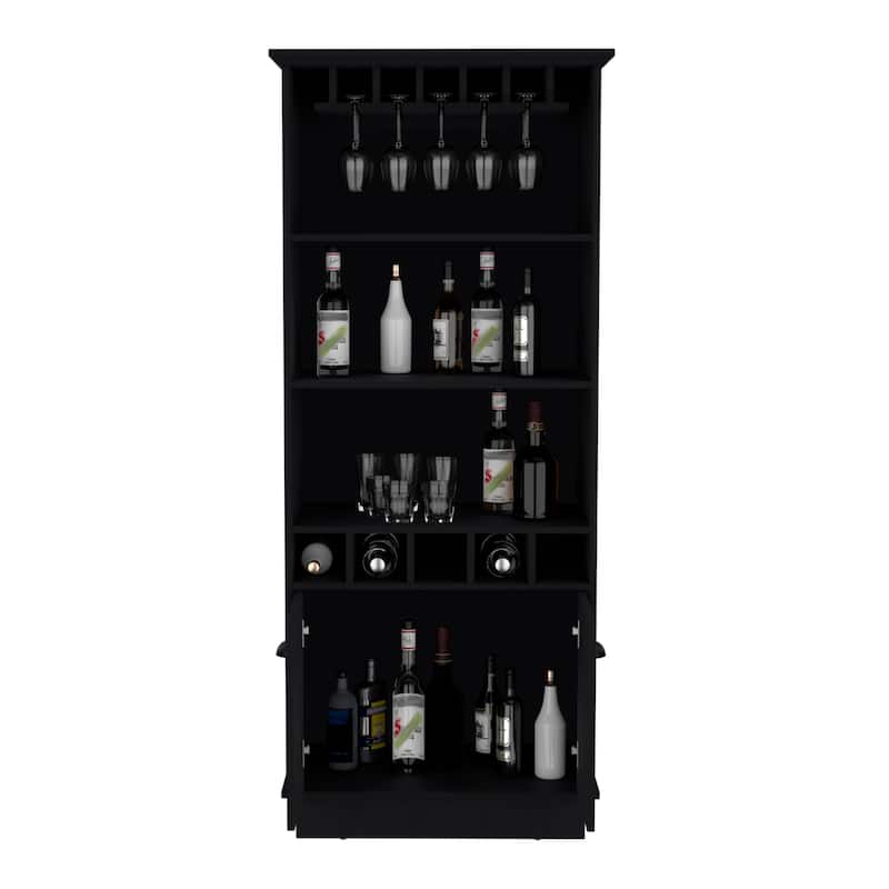 Dundee 70-Inch High 10-Glass Bar Cabinet with 5 Cubbies and 3 Open Shelves and Cabinet
