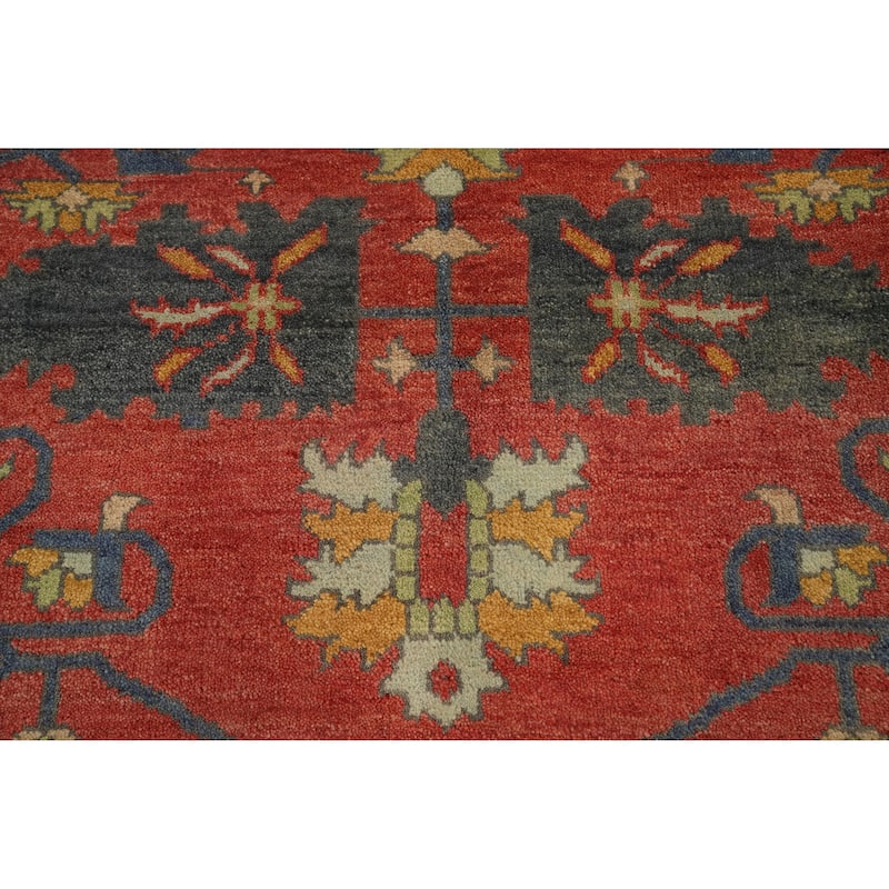 Hand-knotted Transitional Wool Carpet Red Oushak Rug Floral Oriental Area Rug - 12' 0'' X 8' 10''