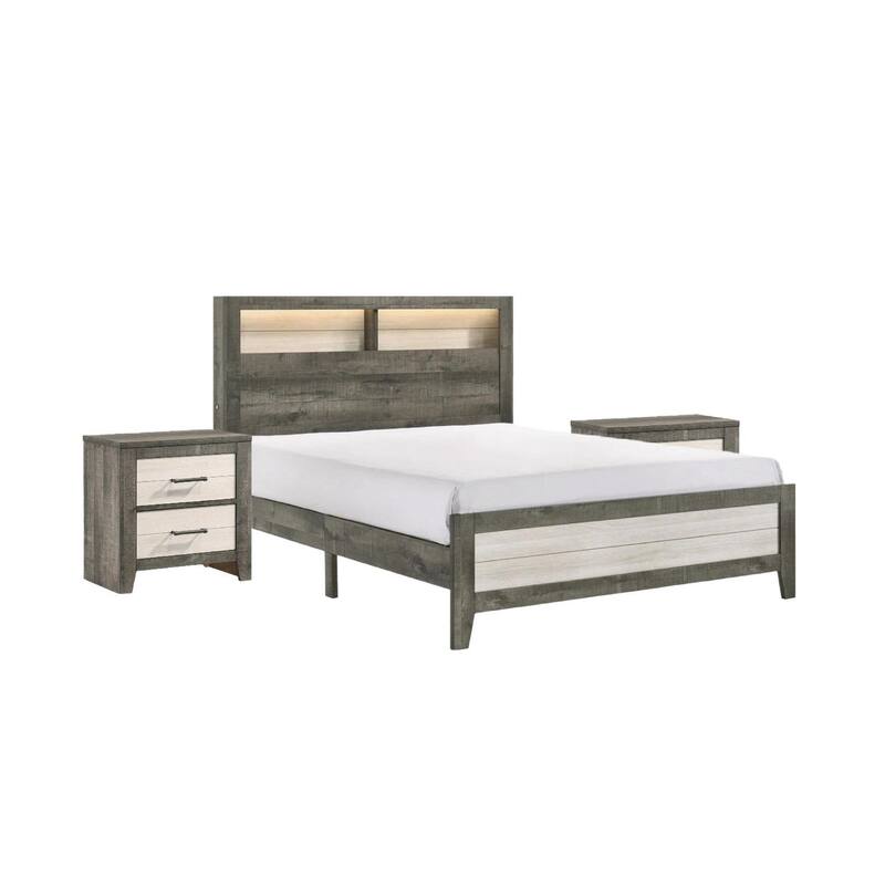 Queen Size Platform Storage Bed with Built-in Lighting, Modern Farmhouse Style, Gray Beige