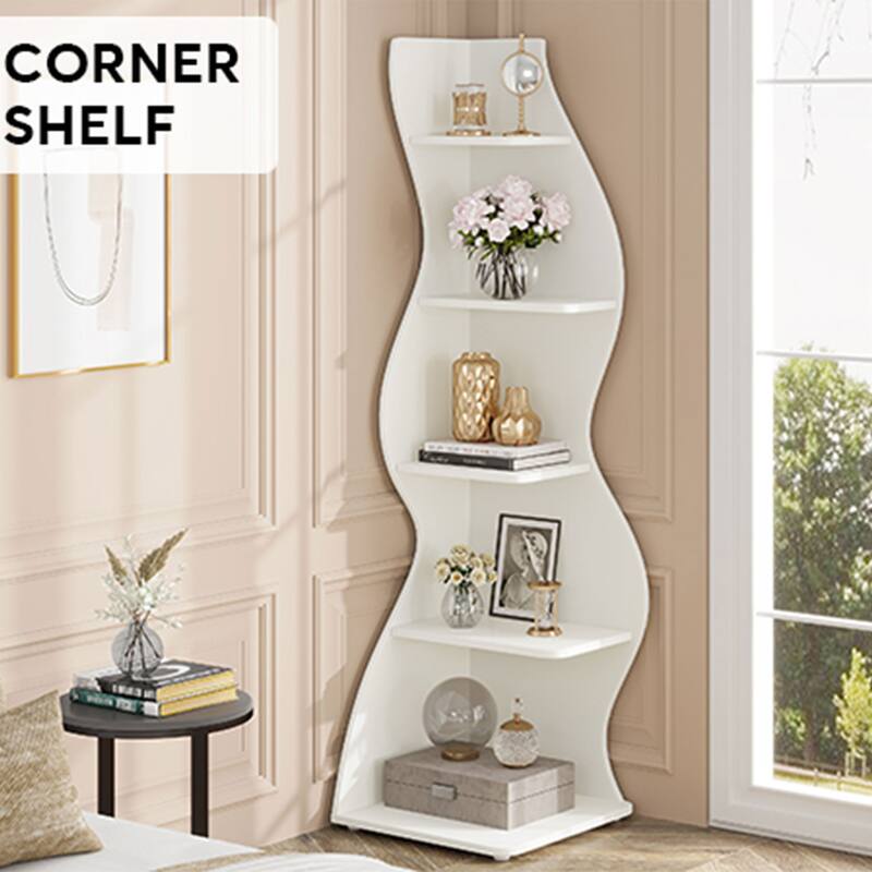 Modern Wood Corner Shelf, 5-Tier Bookshelf Bookcase for Living Room