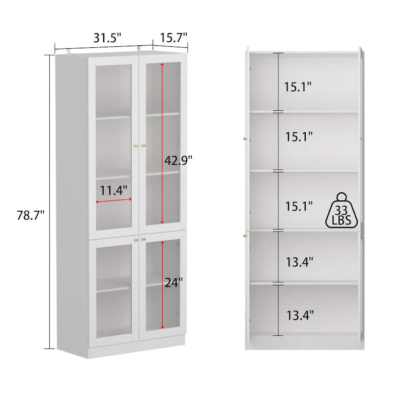 78.7"Cabinet with 4 Glass Door,Storage Cabinet for Pantry, Bathroom - 78.7"H