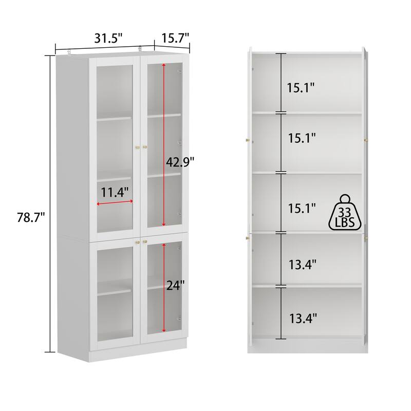 Tall Curio Display Glass Cabinet Bookcase with 4 Glass Doors & Shelves - 78.7"