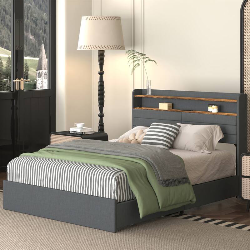 Full/Queen Size LED Upholstered Platform Bed w/ Drawers,Charging Station