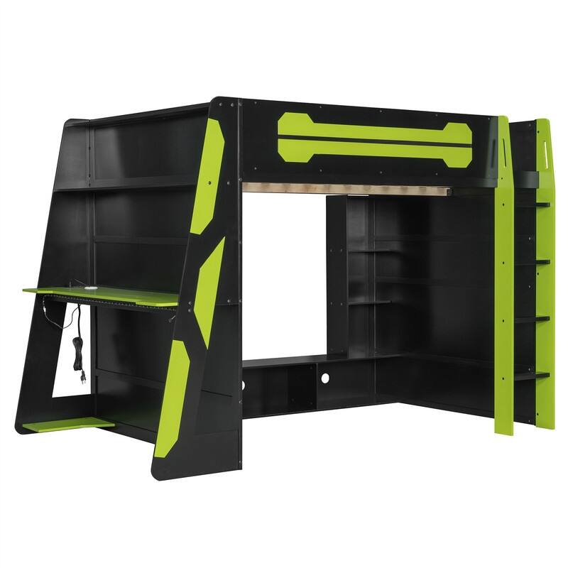 Full Size Loft Bed with Bulit-in Desk and RGB Light, Wooden Loft Bedframe w/ Multi-storage Shelves & Ladder, Kids Playhouse Bed