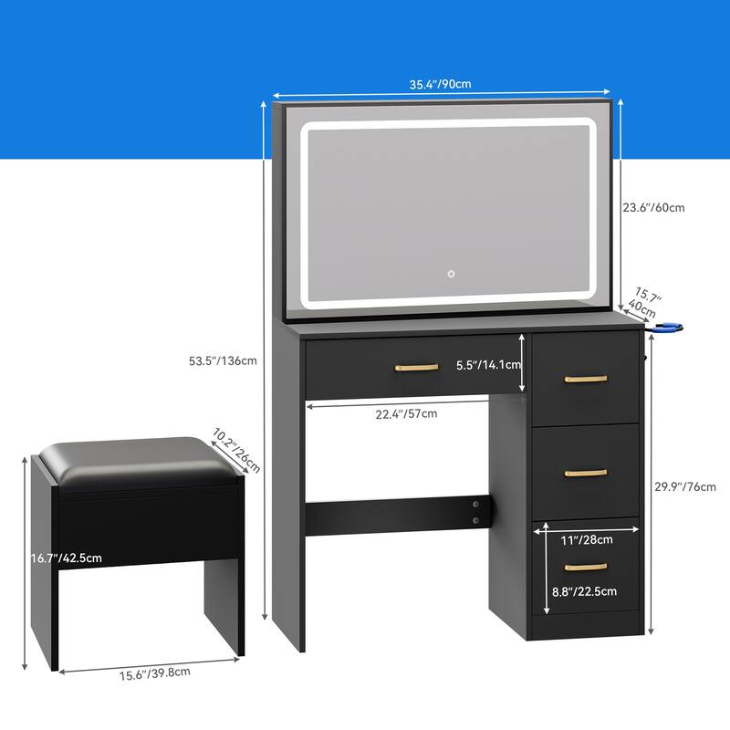 Moasis Vanity Set with Led Lights Makeup Desk Dressing Dresser Desk Table with 4 Drawer - 35.43''L x 15.74''W x 53.54''H