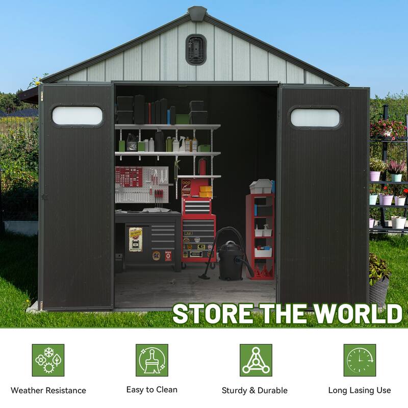 8X10FT Outdoor Resin Storage Shed, Waterproof Plastic Garden Shed with Lockable Door, Windows & Vents
