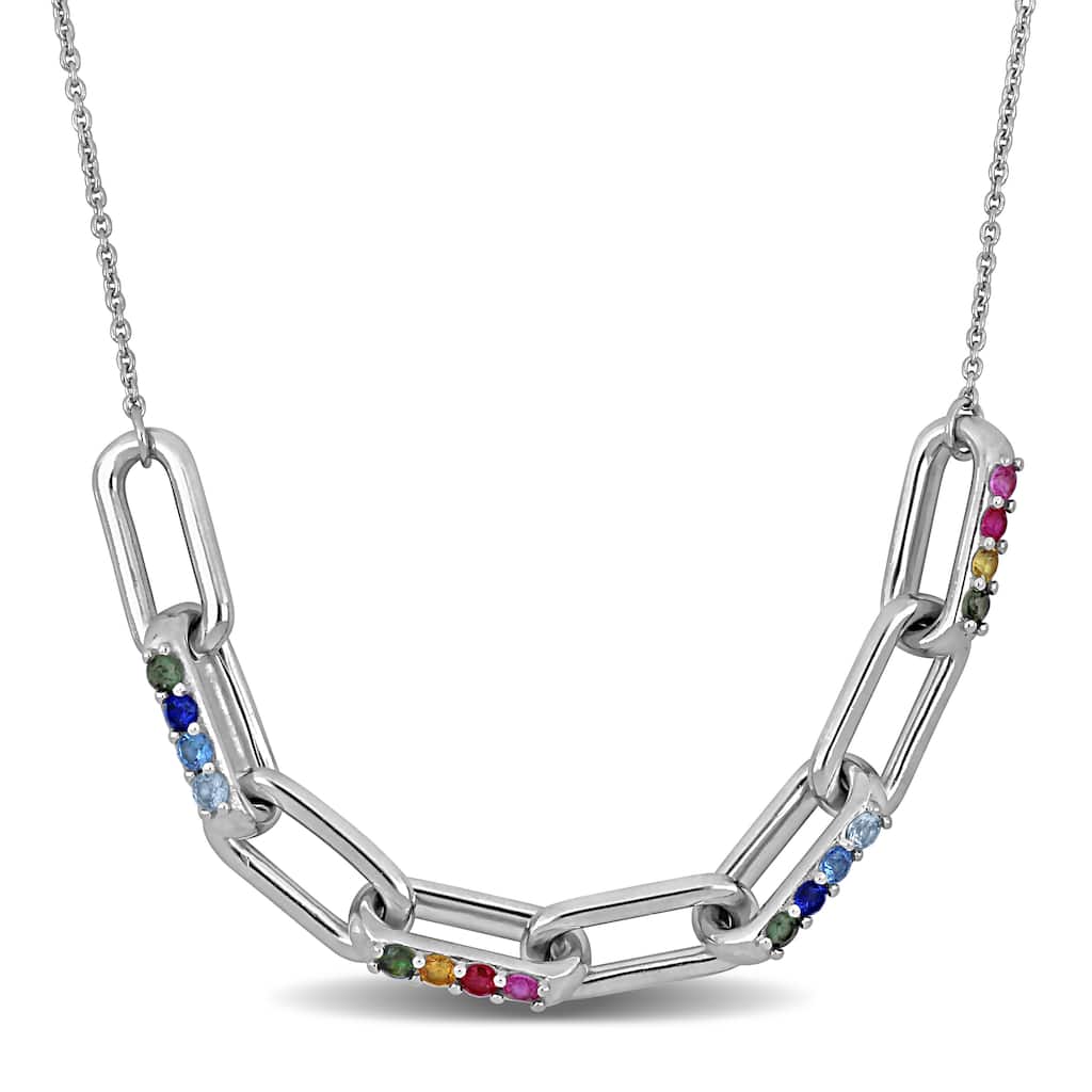 Miadora 1 1/4ct TGW Multi-Gem Link Necklace Sterling Silver - 18+2in