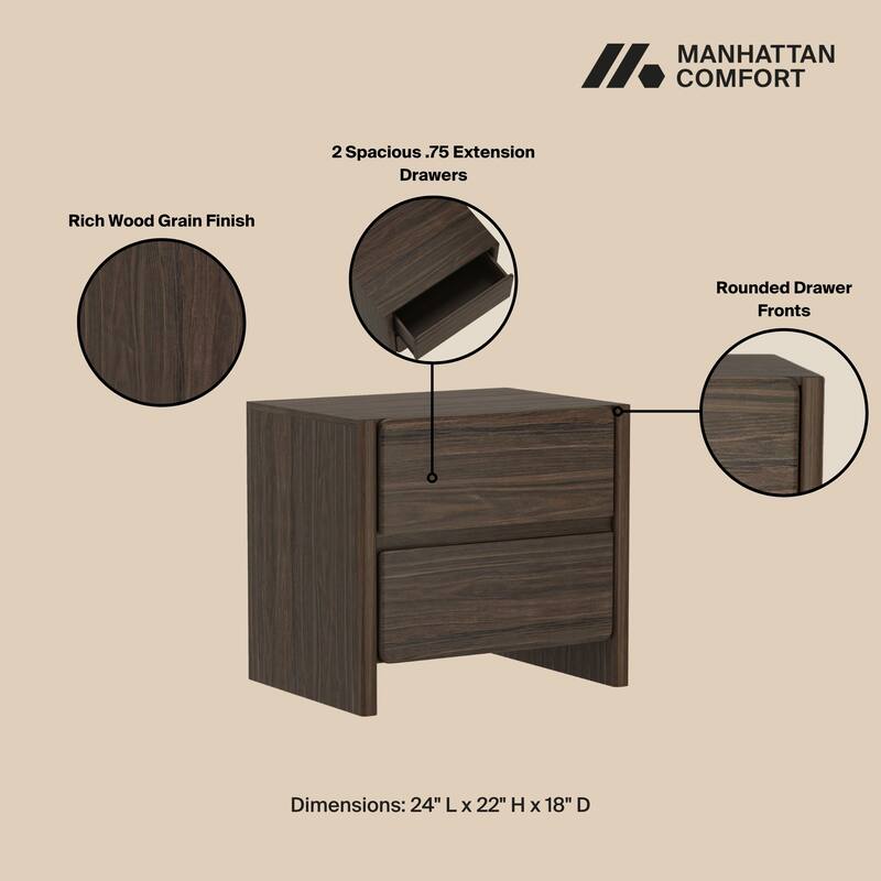 Modern Nightstand with 2 Drawers Wood Grain Texture Minimalist Design