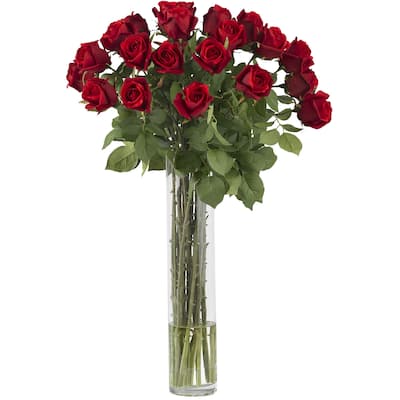 Silk Rose Flower Arrangement - Modern Rosebud Cylinder Vase Decor - 32