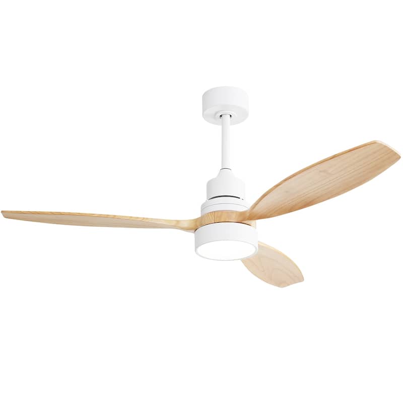 42"/52"/60" Farmhouse Style Wood Walnut Ceiling Fan With Lights and Remote Control, Dimmable LED Optional - 52"-With lights - Matte White with Natrual Wood Blades