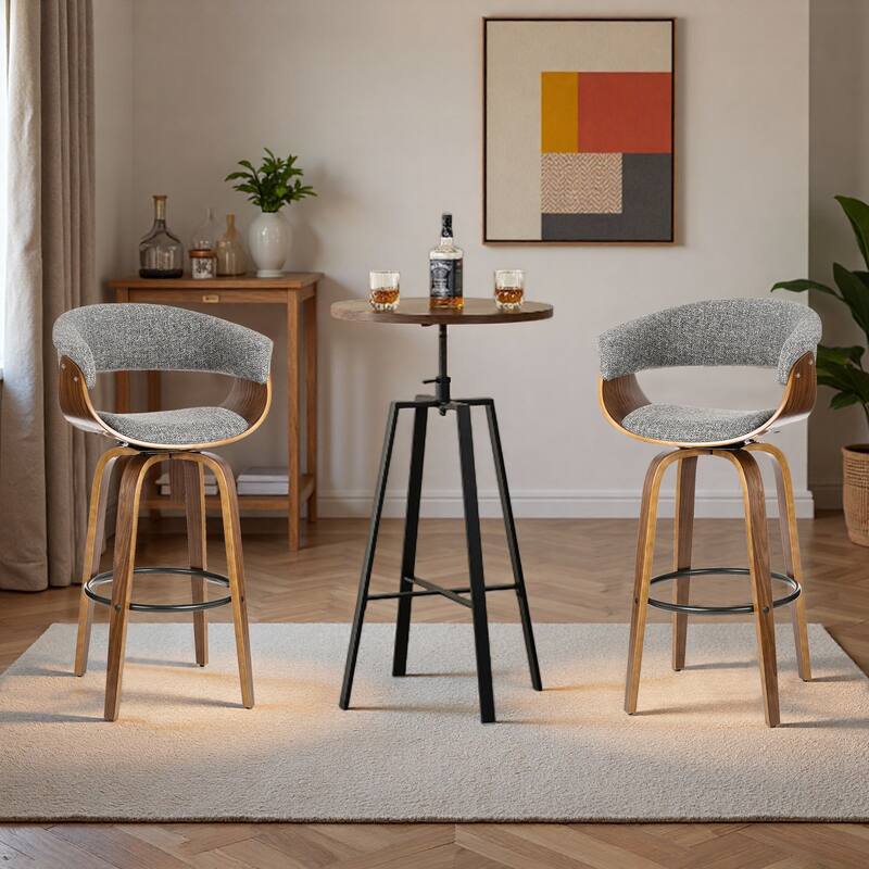 Glitzhome Modern 3-Piece Wooden Swivel Bar Stools & Height Adjustable Pub Table Set - Brown Table & Gray Fabric Chairs