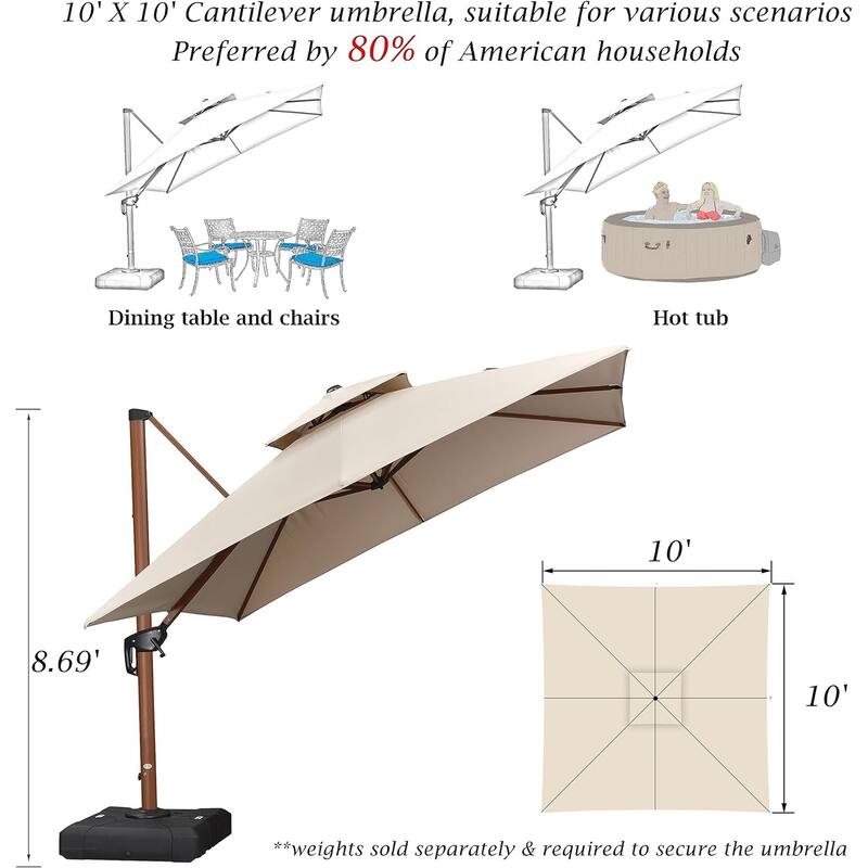 PURPLE LEAF 9ft Square Wood Pattern Patio Cantilever Umbrella with Base