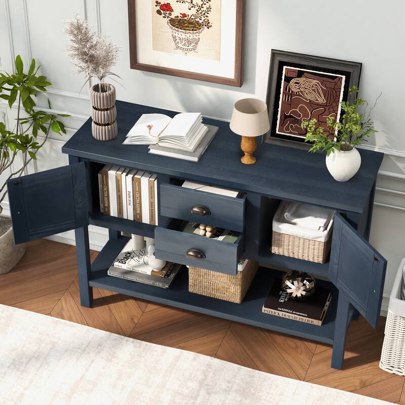Retro 48 Inch Solid Wood Console Sideboard - 2 Drawers & Cabinets, Navy Blue