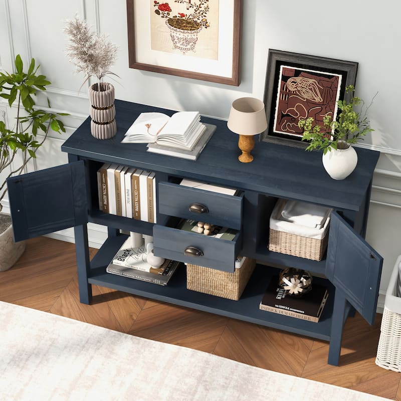 Solid Wood Sideboard Console Table, Storage Cabinet with 2 Drawers & Cabinets, Buffet Cabinet with Bottom Shelf