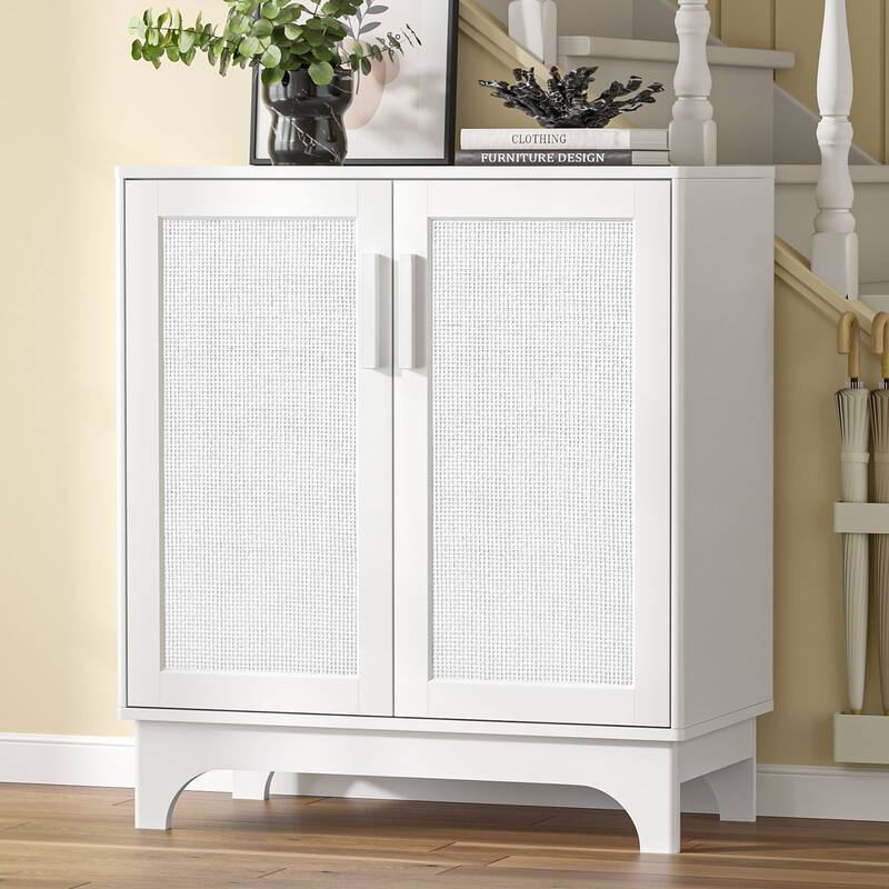 Anmytek Modern 2-Door Black Buffets Sideboards Rattan Kitchen Storage Cabinet with Adjustable Shelf - 31.5" W x 15.7" D x 35" H