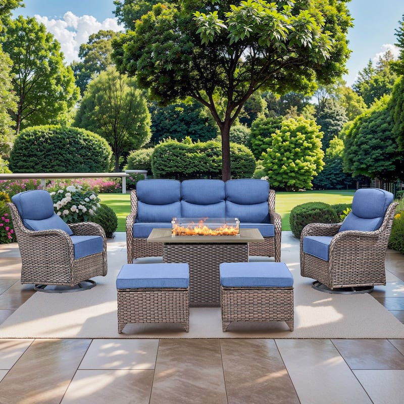 Pocassy Outdoor 6 Inch Sofa Chair Ottoman with Fire Pit Table Set - Brown Wicker Blue Cushion - 6 Pieces Sofa Chair Ottoman with Fire Table