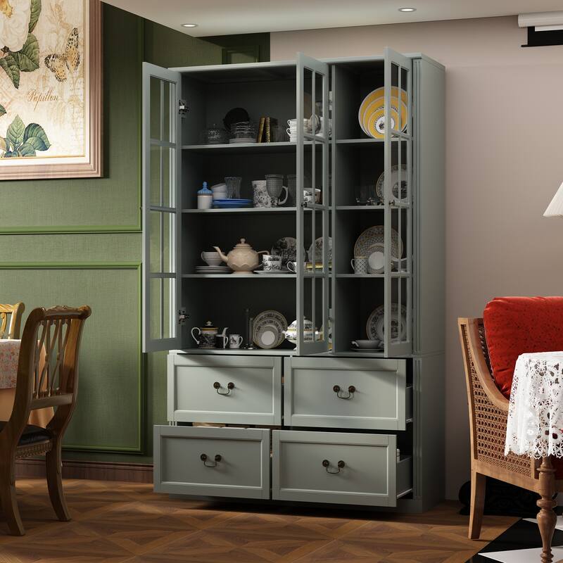 78.7" Combo Buffet Bookcase Storage Cabinet Glass Bookshelf Display - 47.2"W - Grey