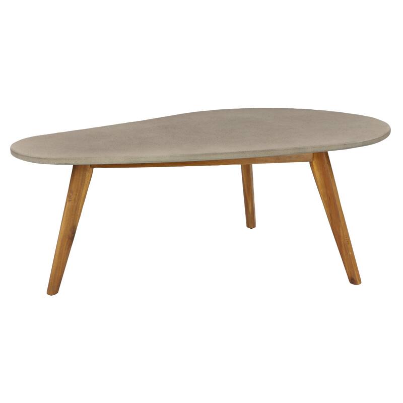 Gray Concrete Inspired Oval End Table Outdoor Accent Table with Brown Tapered Wood Legs