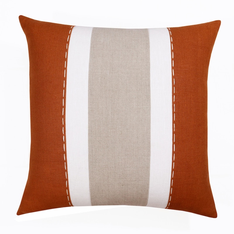 Sevita Hand-Woven Striped Linen Throw Pillow, 20" x 20" - Rust/Gray