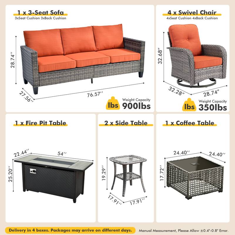 OVIOS 9 Piece Outdoor Wicker Sofa Swivel Chair Set with 54" Fire Table