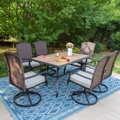 7-Piece Patio Dining Set, 4 Rattan Fixed Chairs,2 Swivel Chairs and 1 Wood-like Top Table with 1.57 '' Umbrella Hole