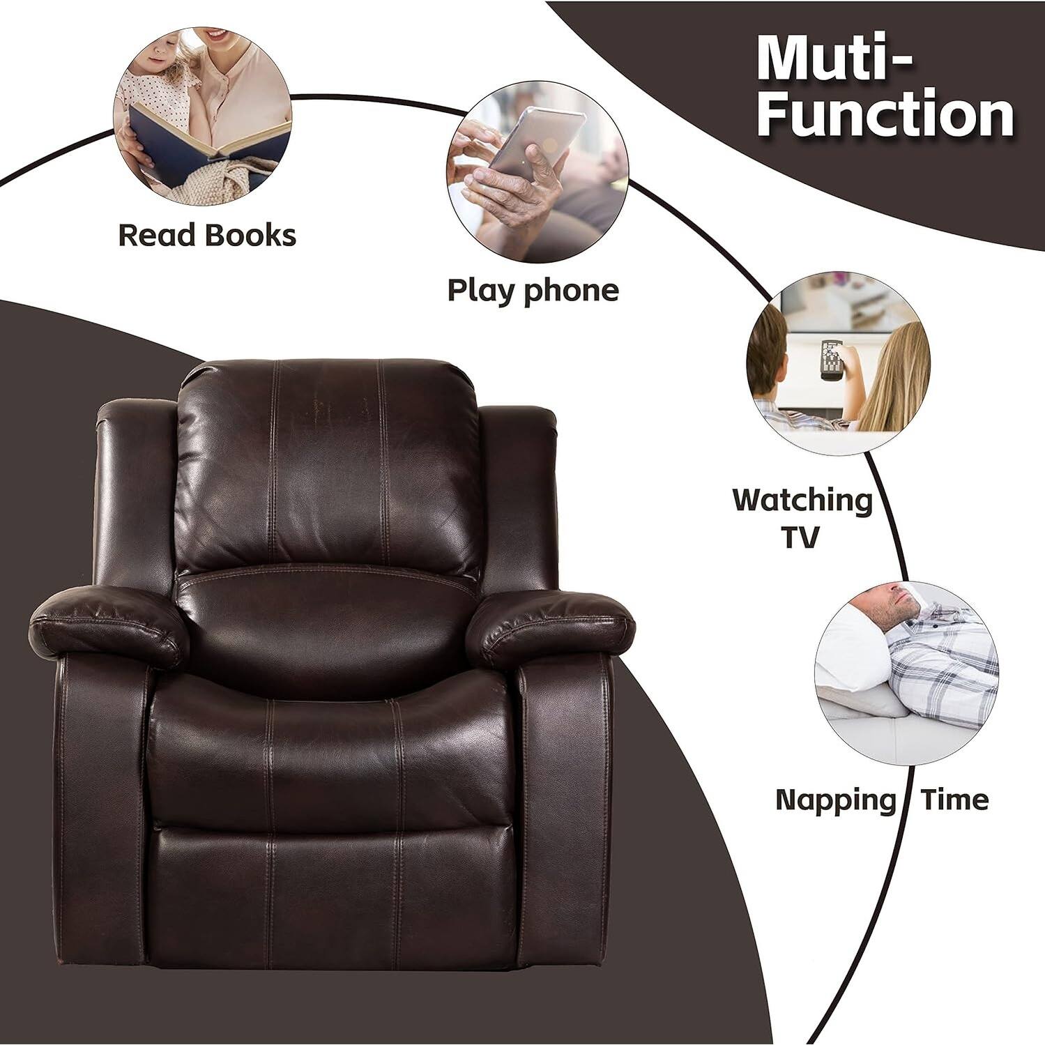 Leather Manual Recliner Chair w/Overstuffed Headrest and Metal Base