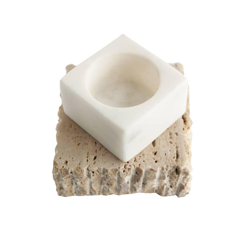 Decorative Marble and Travertine Candle Holder - 3.3"L x 3.3"W x 2.5"H - White - 3.3"L x 3.3"W x 2.5"H