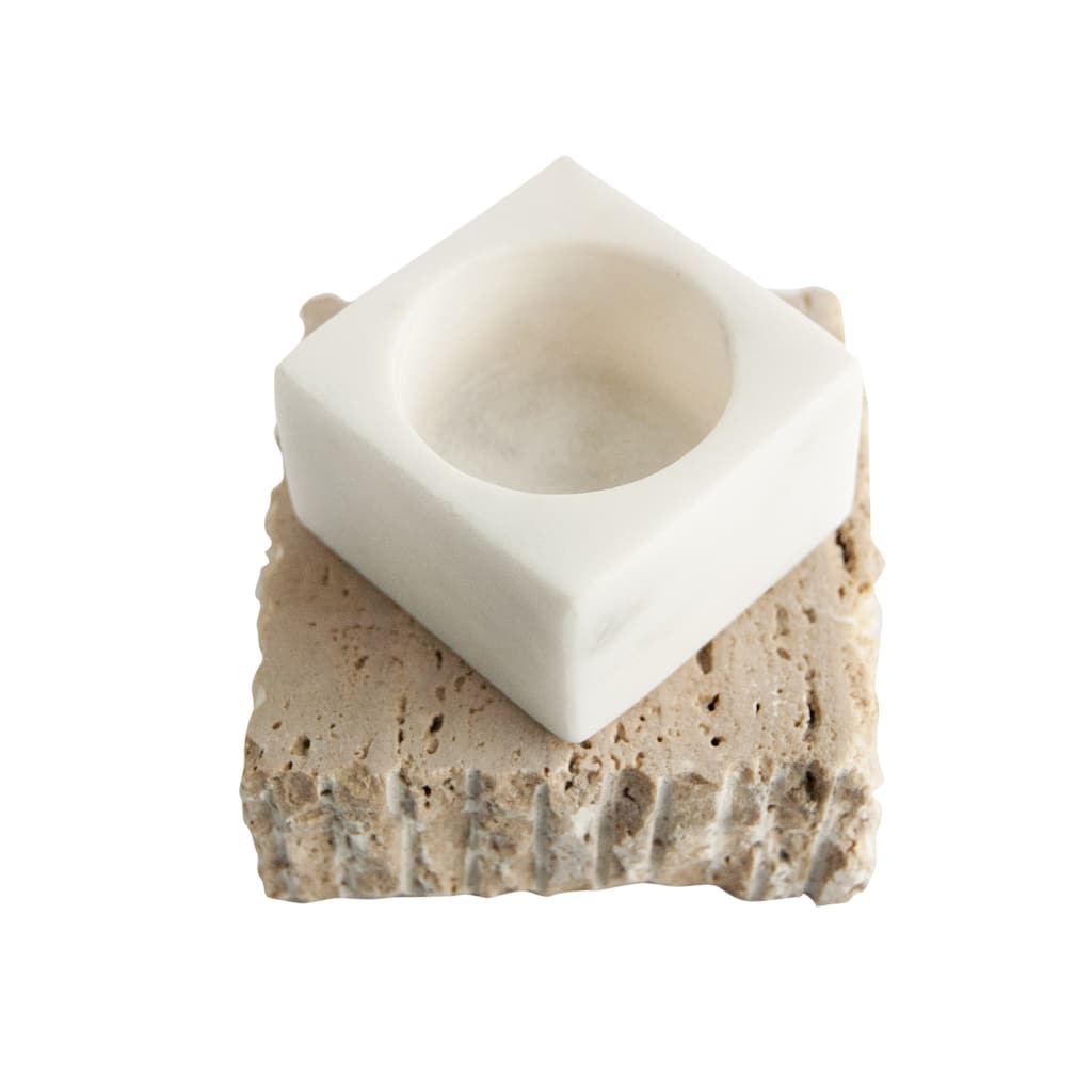 Decorative Marble and Travertine Candle Holder - 3.3"L x 3.3"W x 2.5"H