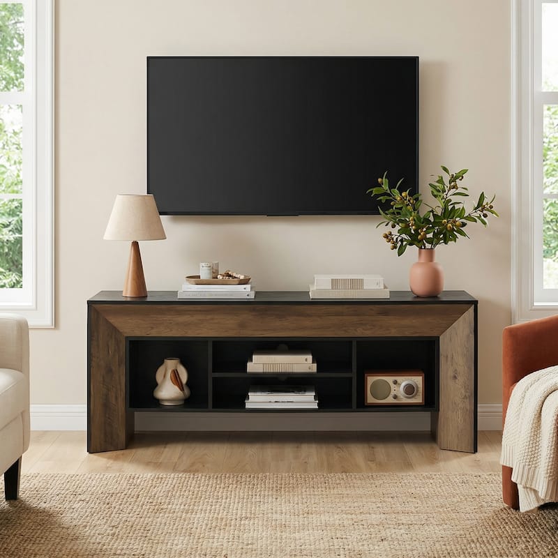 Rectangular Wood Entertainment Center fo TVs up to 75 Inches, Black and Brown TV Stands for Living Room