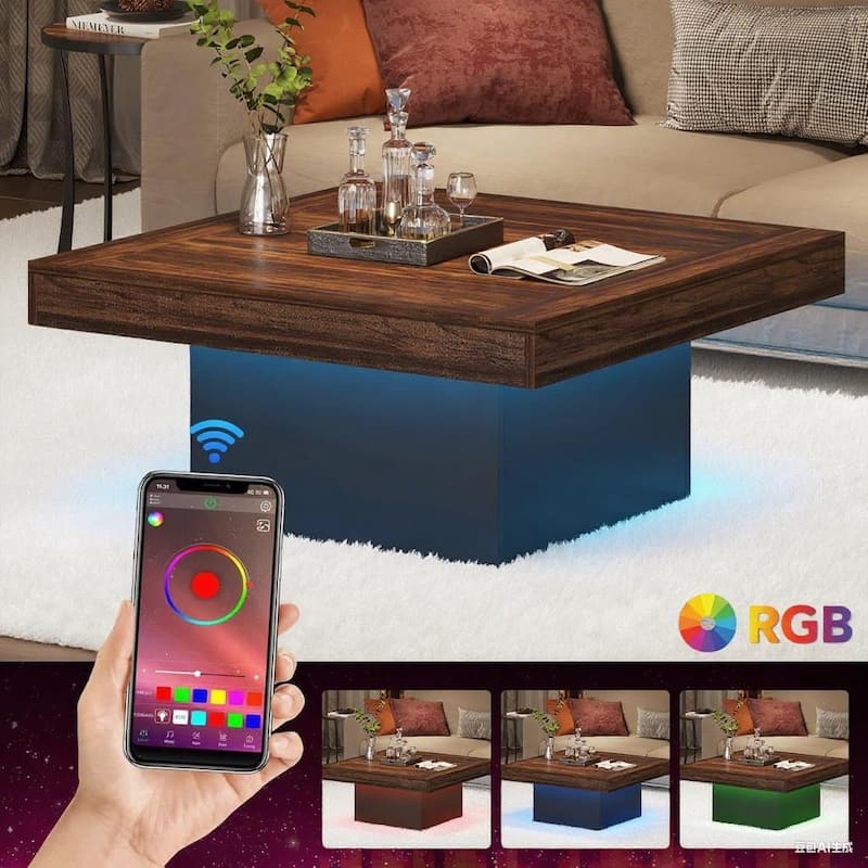 35.4” Square Rustic Wooden Coffee Table with LED Light for Living Room or Bedroom Furniture - 35.4”L x 35.4”W x 17.7”H - Brown-Black