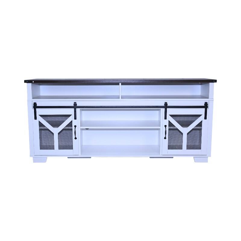 Country Style TV Stand LED TV Stand with Lron Mesh Barn Door and Y Decorative Strip, for Living Rooms, White+Walnut