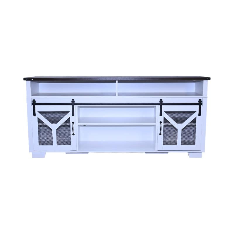 TV Stand with LED Light Strips, Multi-functional Entertainment Center, Console Table with Iron Mesh Barn Door & Open Shelf - White+Walnut