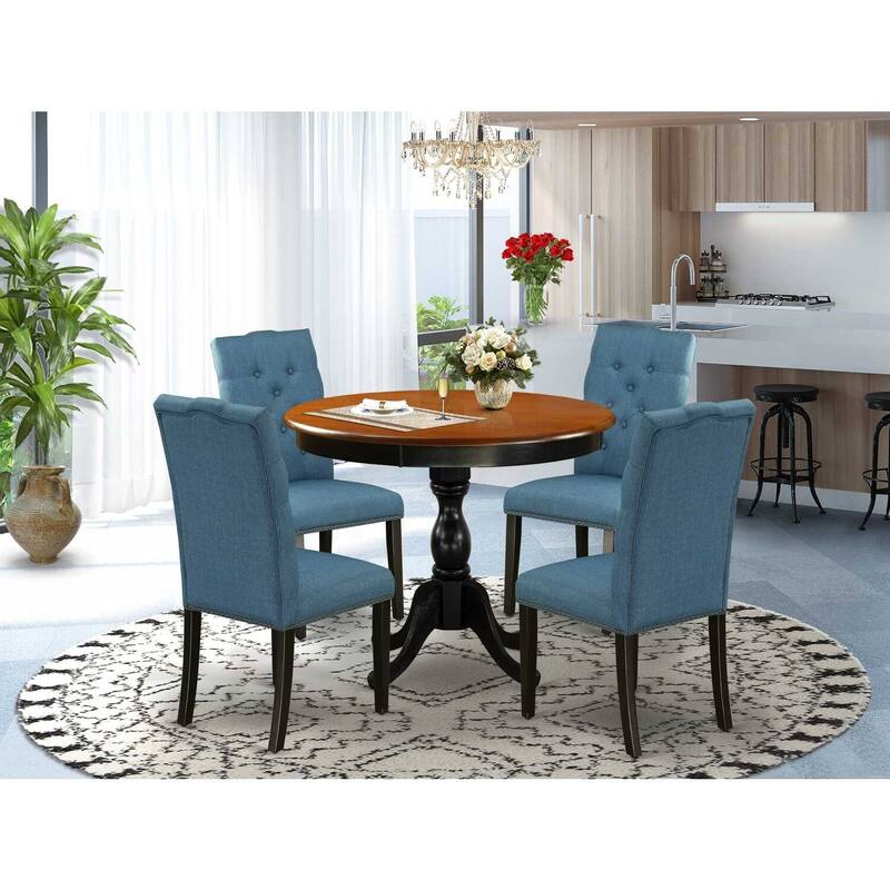 HomeStock 5-Piece Round Black and Cherry Finish Solid Wood Top Dining table with 4 Chairs