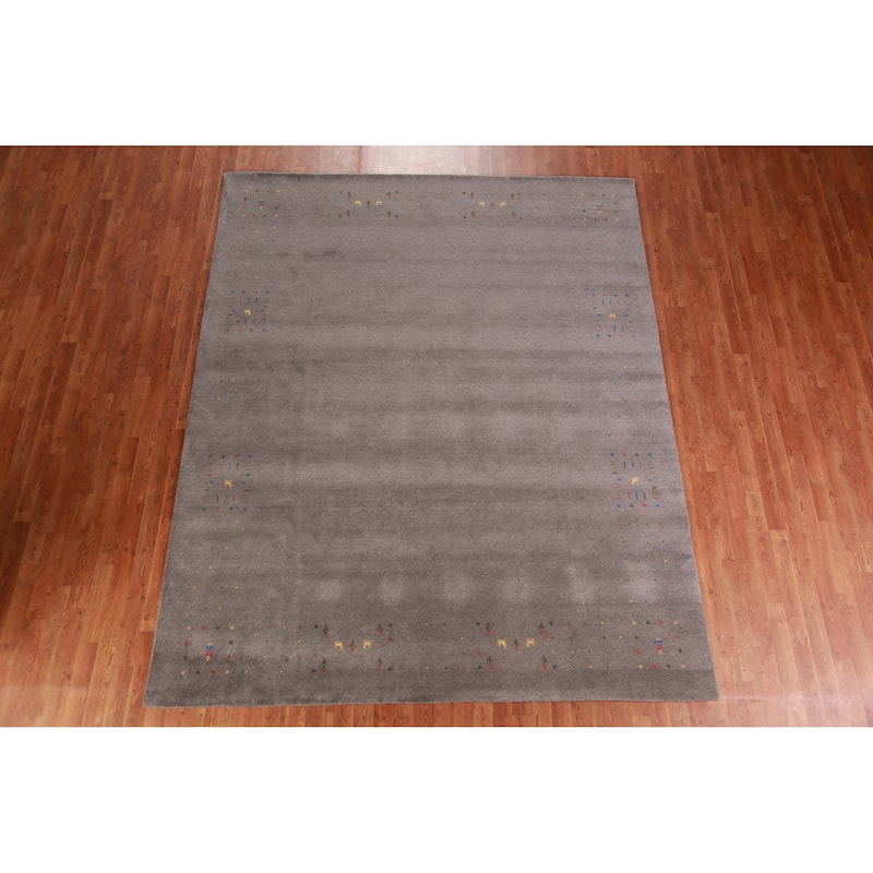 Tribal Gabbeh Area Rug Hand-Knotted Grey Wool Carpet - 8'0" x 9'11"